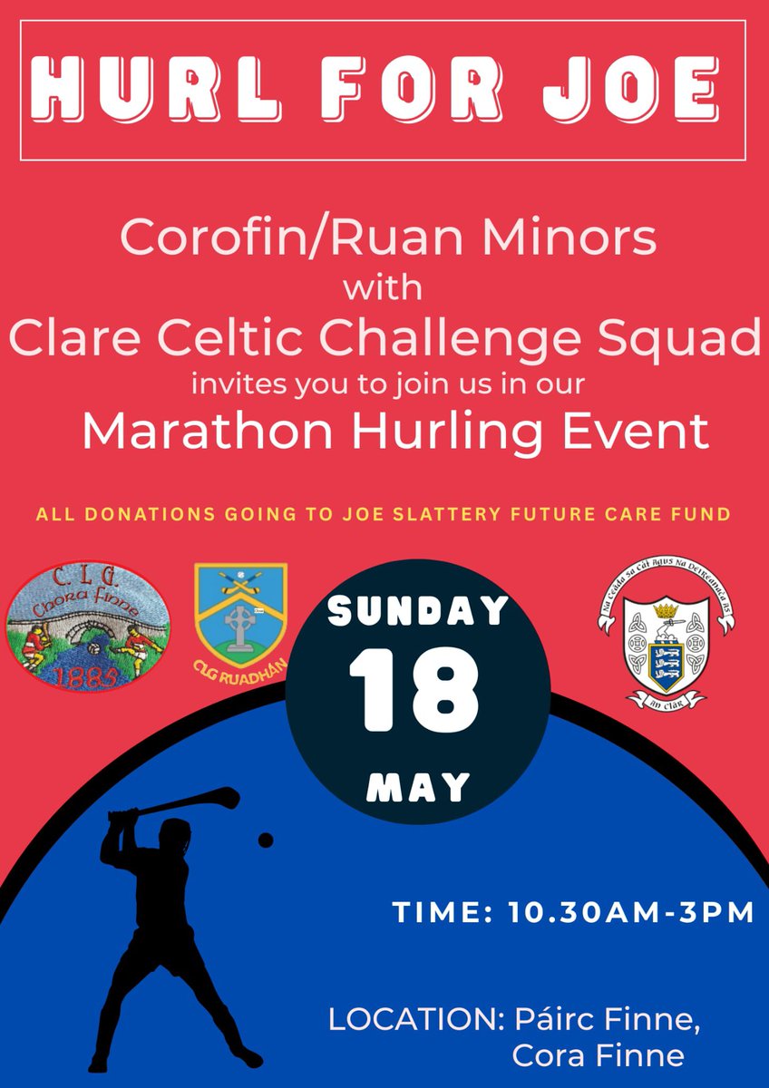 Corofin GAA (@corofingaaclub) on Twitter photo Fund raising match for Joe Slattery’s future care hosted by Corofin/Ruan Minor Hurling team with Joe’s peers from Minor Clubs around Clare GREAT RAFFLE PRIZES ON THE DAY. All funds raised will go towards Joes Fund for Future Care <a href="/DLynchSport/">Derrick Lynch</a> <a href="/DaloAnto/">Anthony Daly</a> <a href="/ClareChampion/">The Clare Champion</a> <a href="/RuanGaa/">Ruan GAA</a> 💪 Fund raising match for Joe Slattery’s future care hosted by Corofin/Ruan Minor Hurling team with Joe’s peers from Minor Clubs around Clare GREAT RAFFLE PRIZES ON THE DAY. All funds raised will go towards Joes Fund for Future Care <a href="/DLynchSport/">Derrick Lynch</a> <a href="/DaloAnto/">Anthony Daly</a> <a href="/ClareChampion/">The Clare Champion</a> <a href="/RuanGaa/">Ruan GAA</a> 💪