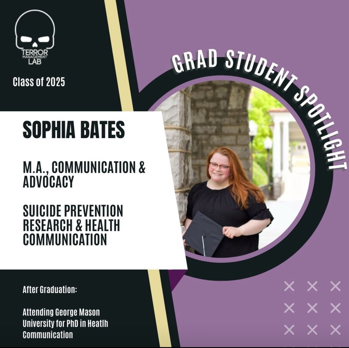 Today we celebrate Sophia! Her thesis is titled, "Seeking Existential Meaning in the 'Sea of Trees:' An Autoethnographic Exploration in the Depths of Japan's Aokigahara 'Suicide' Forest." 

She will head to George Mason for her PhD continuing her work in suicide prevention.