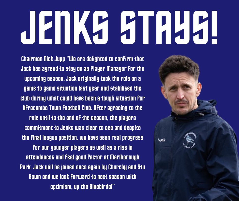 ilfcombeafc's tweet photo. 𝐉𝐚𝐜𝐤 𝐈𝐬 𝐁𝐚𝐜𝐤! 💥 

The club is delighted to confirm that Jack Jenkins will be back in the dugout (&amp; pitch) for the 2025/26 season. 

Read the chairman’s thoughts 👇 https://t.co/r3DBcy4I5u