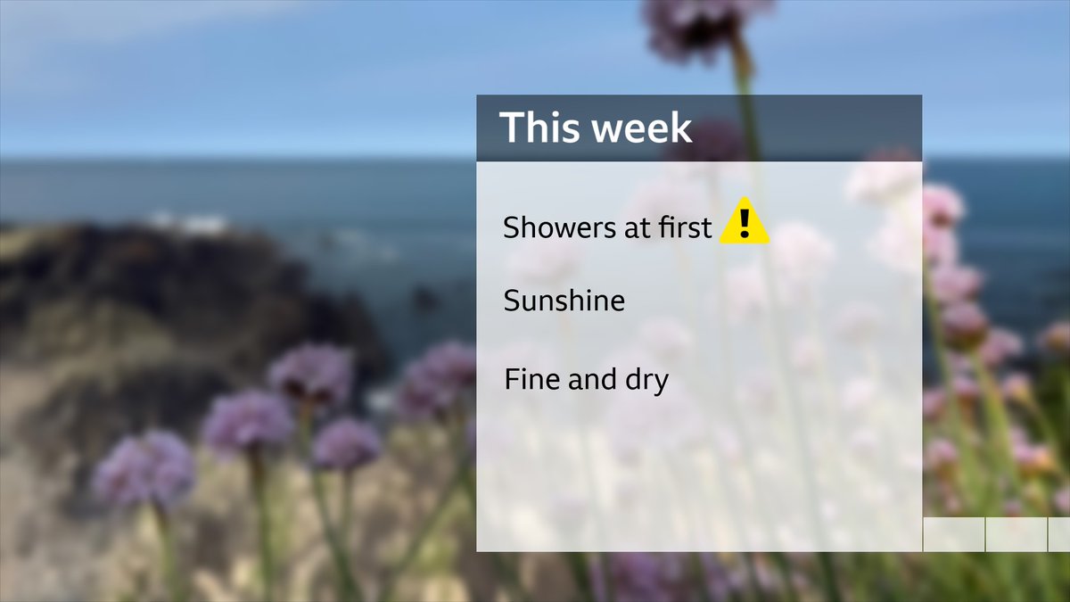 THIS WEEK - A few showers this afternoon and tomorrow then the sunshine returns. <a href="/BBCSpotlight/">BBC South West</a> <a href="/BBCDevon/">BBC Devon</a> <a href="/BBCCornwall/">BBC Cornwall</a> <a href="/bbcsomerset/">BBC Somerset</a> <a href="/BBCDorset/">BBC Dorset</a>