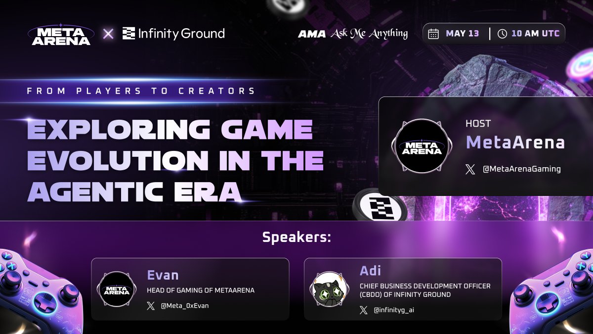 Meta Arena (@metaarenagaming) on Twitter photo 🎙Get Ready to join MetaArena and our esteemed guests as we host an exciting X Space!
🗓May 13th | 10 AM UTC
🎙Host: <a href="/MetaArenaGaming/">Meta Arena</a>
📍x.com/i/spaces/1MYGN…
🎮Speakers:
Adi – CBDO, <a href="/infinityg_ai/">InfinityGround</a>
Evan – Head of Gaming, <a href="/Meta_0xEvan/">Evan | MetaArena</a>
Join us as we explore the future of 🎙Get Ready to join MetaArena and our esteemed guests as we host an exciting X Space!
🗓May 13th | 10 AM UTC
🎙Host: <a href="/MetaArenaGaming/">Meta Arena</a>
📍x.com/i/spaces/1MYGN…
🎮Speakers:
Adi – CBDO, <a href="/infinityg_ai/">InfinityGround</a>
Evan – Head of Gaming, <a href="/Meta_0xEvan/">Evan | MetaArena</a>
Join us as we explore the future of