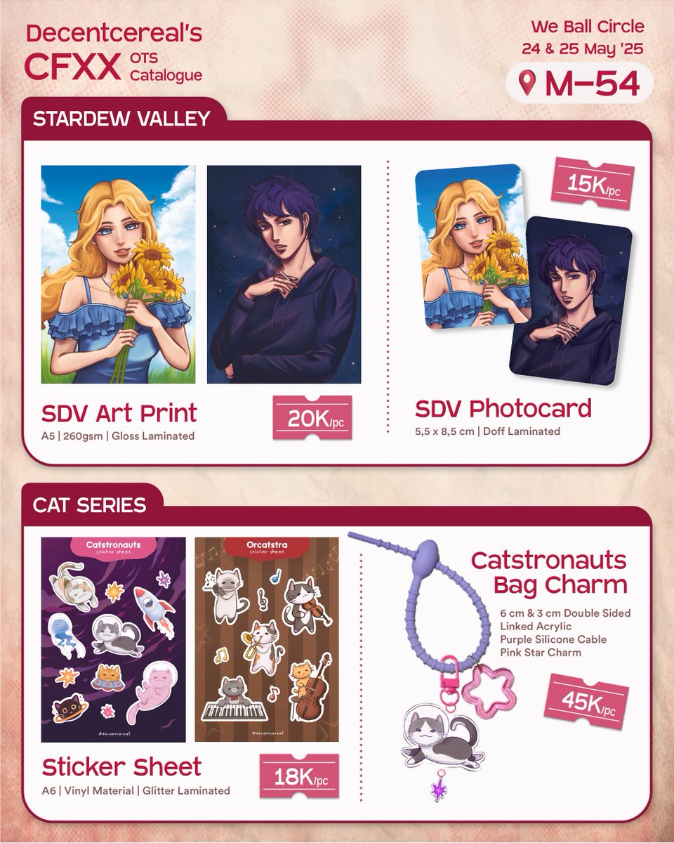 [🔁&amp;💖appreciated!]
Here's my #CFXX OTS Catalogue 🥳

Dungeon meshi, Marvel Rivals, NeZha, Stardew Valley, Resident Evil, Hogwarts Legacy, Windah Basudara, Life is Strange, Milkman

📍 We Ball Circle (M-54) 
📆 Both days, 24-25 May

#cf20 #CFXXcatalogue #comifuro