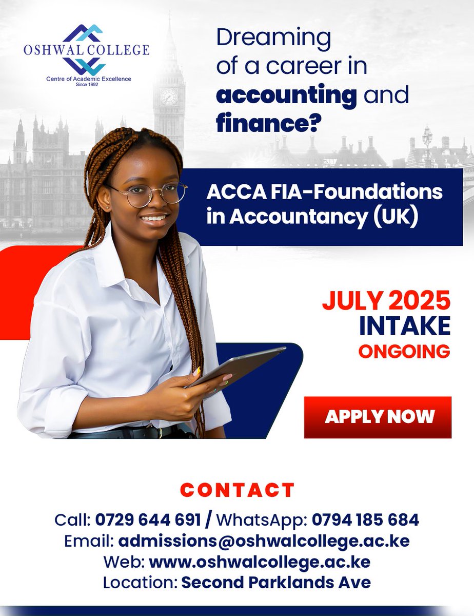 Oshwal College (@oshwalcollegeke) on Twitter photo 🎓 July Intake OPEN at Oshwal College!
Join top students for:
✅ ACCA
✅ ABE, BTEC Diplomas
✅ BScs with Univ. of Hertfordshire & Greenwich
👨🏫 Best lecturers + intl tutor support
📩 admissions@oshwalcollege.ac.ke | 📞 0729 644 691
#OshwalCollege #StudySmart 🎓 July Intake OPEN at Oshwal College!
Join top students for:
✅ ACCA
✅ ABE, BTEC Diplomas
✅ BScs with Univ. of Hertfordshire & Greenwich
👨🏫 Best lecturers + intl tutor support
📩 admissions@oshwalcollege.ac.ke | 📞 0729 644 691
#OshwalCollege #StudySmart