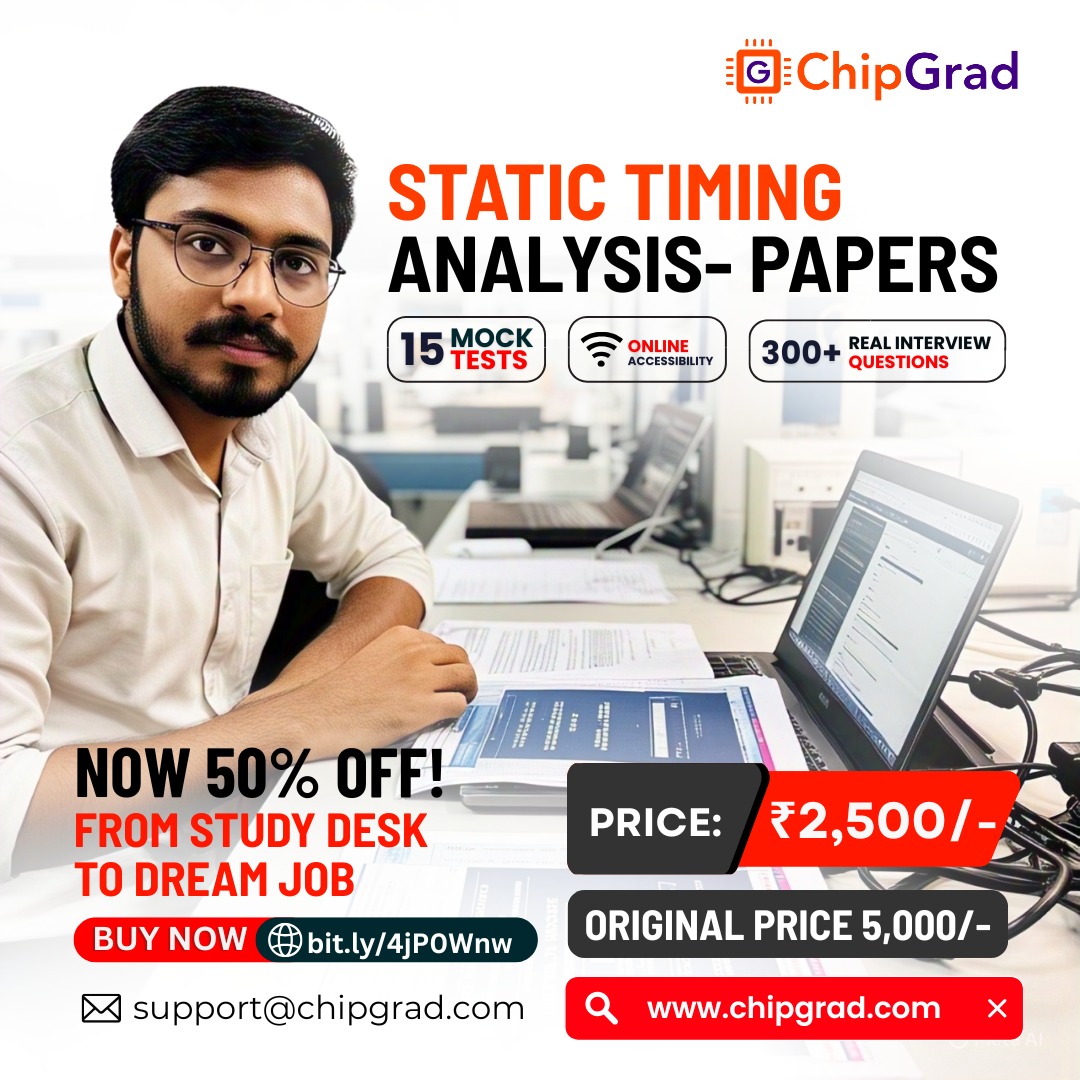 vlsi_expert's tweet image. 🚀 Break into VLSI with STA mastery!
🧠 15 Mock Tests
💡 300+ Real Interview Qs
💻 100% Online | ₹2,500 (50% OFF!)
🎯 Designed for job-ready engineers.
🔗 Buy Now: bit.ly/4jP0Wnw
🔍 Details: chipgrad.com/learn/static-t…
#VLSI #STA #ChipGrad #Semiconductors #JobReady