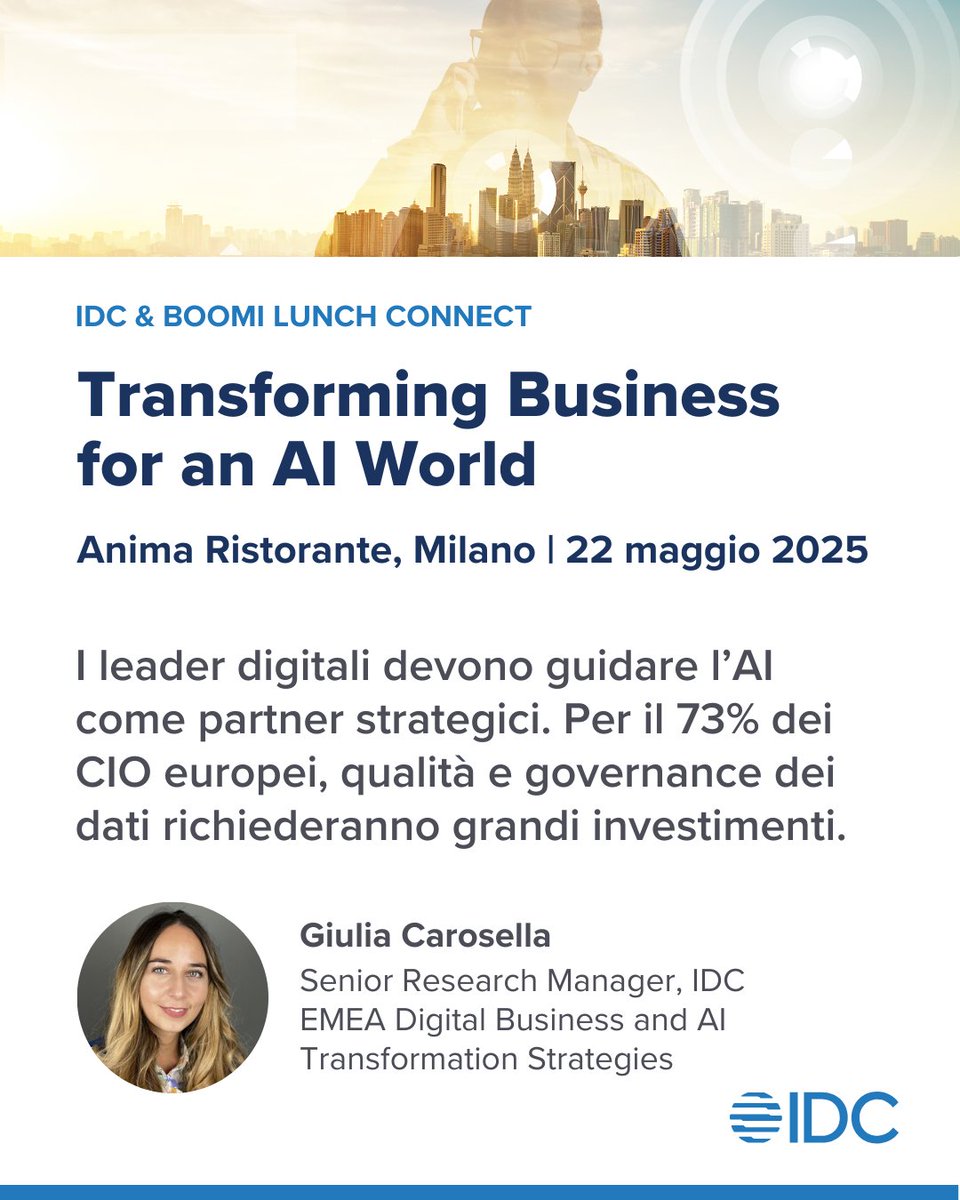 L’IA cambia il business, ma pochi progetti scalano. Servono use case mirate e focus su dati, governance e integrazione.

IDC e <a href="/boomi/">Boomi</a> ne parleranno in un pranzo di lavoro a Milano il 22 maggio. Chiedi di partecipare: my.idc.com/eu/events/7295…

#idc #boomi #ai