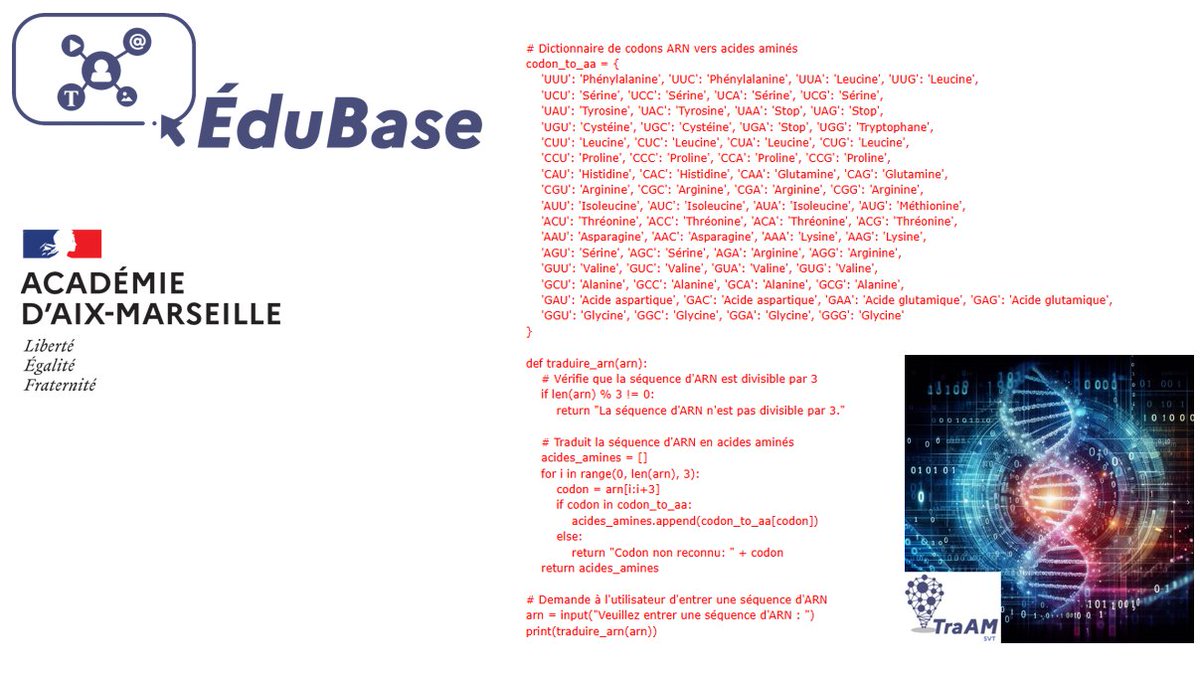 [#Edubase] Retour sur le scénario "découvrir le code génétique avec un programme de traduction construit par l'IA" par <a href="/AcAixMarseille/">Acad. Aix-Marseille</a> 
🔗edubase.eduscol.education.fr/fiche/22680