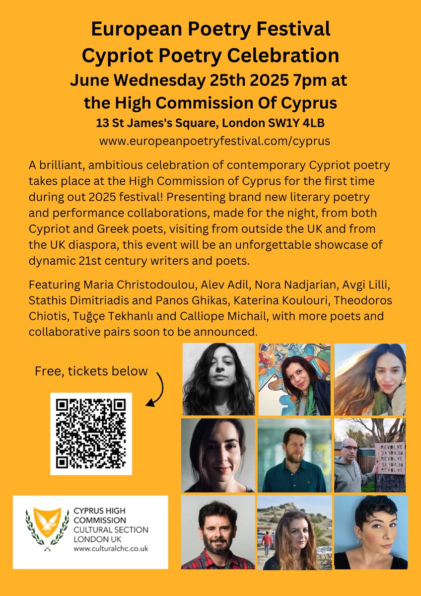 Cyprus in UK - Culture (@culturalchcuk) on Twitter photo 🇨🇾 Cyprus joins the European Poetry Festival 2025!
📅 25 June | 🕖 7 PM | 📍@cyprusinuk, London
Experience new poetic collaborations from Cypriot and Greek poets.
🎟 Free tickets: culturalchc.co.uk/cyprus-at-the-…
#EPF2025 #CypriotPoetry
<a href="/UKCypriotFed/">National Federation of Cypriots in the UK</a> <a href="/NEPOMAKuk/">NEPOMAK uk</a> <a href="/Parikiaki/">Parikiaki Newspaper</a> <a href="/HELLENICTV/">HELLENIC TV</a> 🇨🇾 Cyprus joins the European Poetry Festival 2025!
📅 25 June | 🕖 7 PM | 📍@cyprusinuk, London
Experience new poetic collaborations from Cypriot and Greek poets.
🎟 Free tickets: culturalchc.co.uk/cyprus-at-the-…
#EPF2025 #CypriotPoetry
<a href="/UKCypriotFed/">National Federation of Cypriots in the UK</a> <a href="/NEPOMAKuk/">NEPOMAK uk</a> <a href="/Parikiaki/">Parikiaki Newspaper</a> <a href="/HELLENICTV/">HELLENIC TV</a>