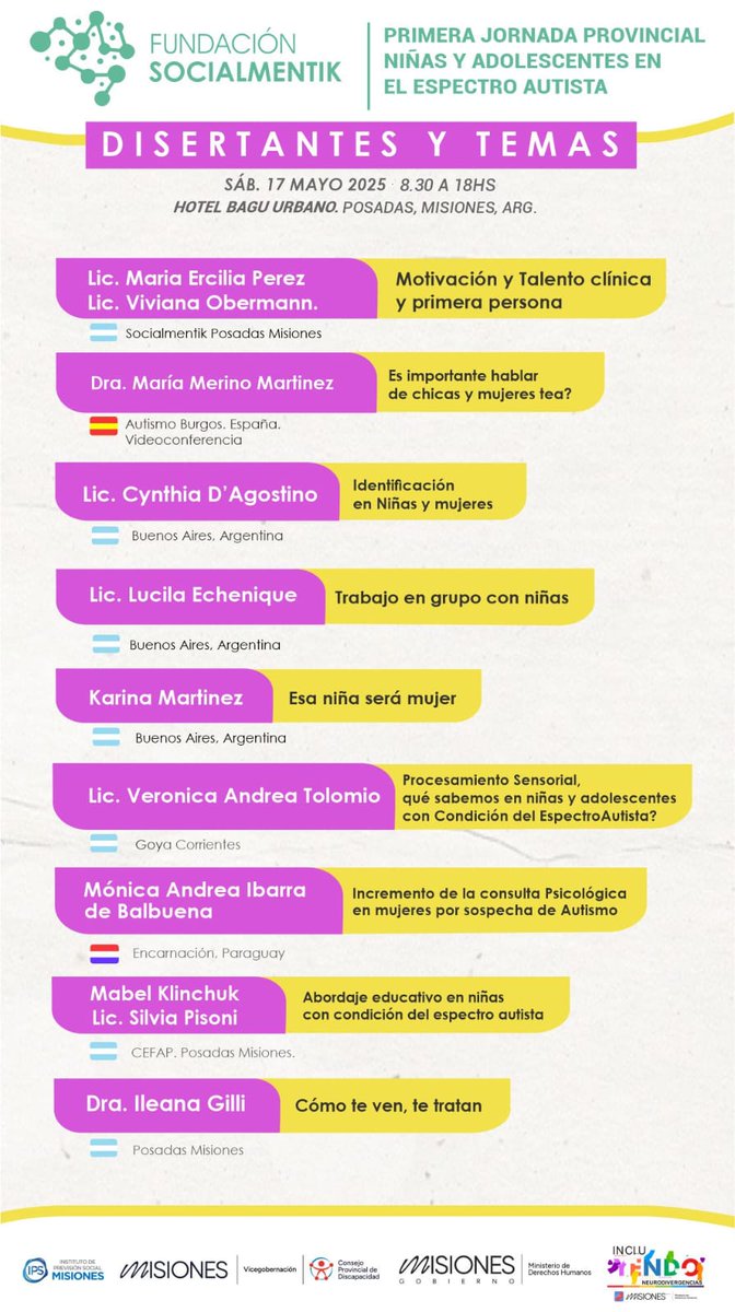 🔵 Este sábado 17 de mayo, nuestra compañera María Merino Martínez, directora técnica de Fundación Miradas, participará como ponente en la Primera Jornada Provincial “Niñas y Adolescentes en el Espectro Autista”, organizada por la Fundación Socialmentik en Posadas, (Argentina).