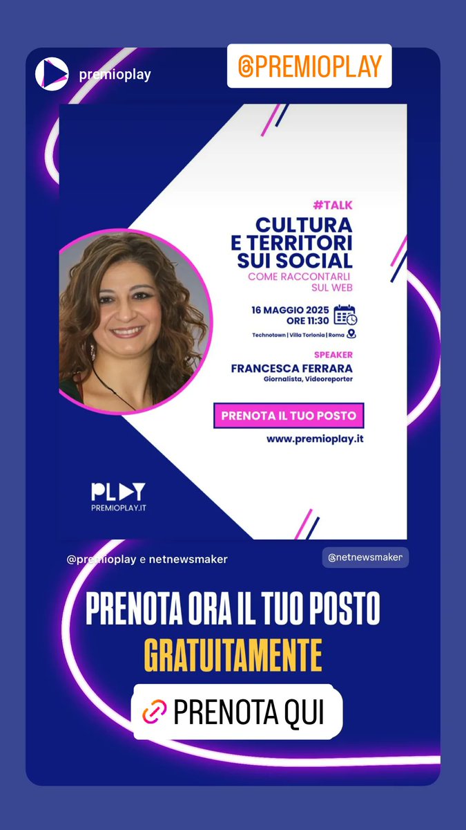 🎯 Per Venerdi 16 Maggio al #PremioPlay c'è  un invito di partecipazione per voi se siete appassionati di narrazione dei territori 
⬇️
eventbrite.com/e/video-digita…
.
#netnewsmaker
#newscontentdesigner
.
#premioplay