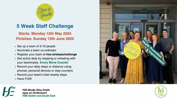 HSEDubSouthEast's tweet photo. 📢Attention Dublin and South East staff!
We are in week 1 of our #StepsToHealth challenge, with 125 teams already taking part. If you wish to join, we are accepting late entries until the end of this week!
Register your team here: https://t.co/8blJdKBuev
#EveryMoveCounts https://t.co/K4eeZEKCzr
