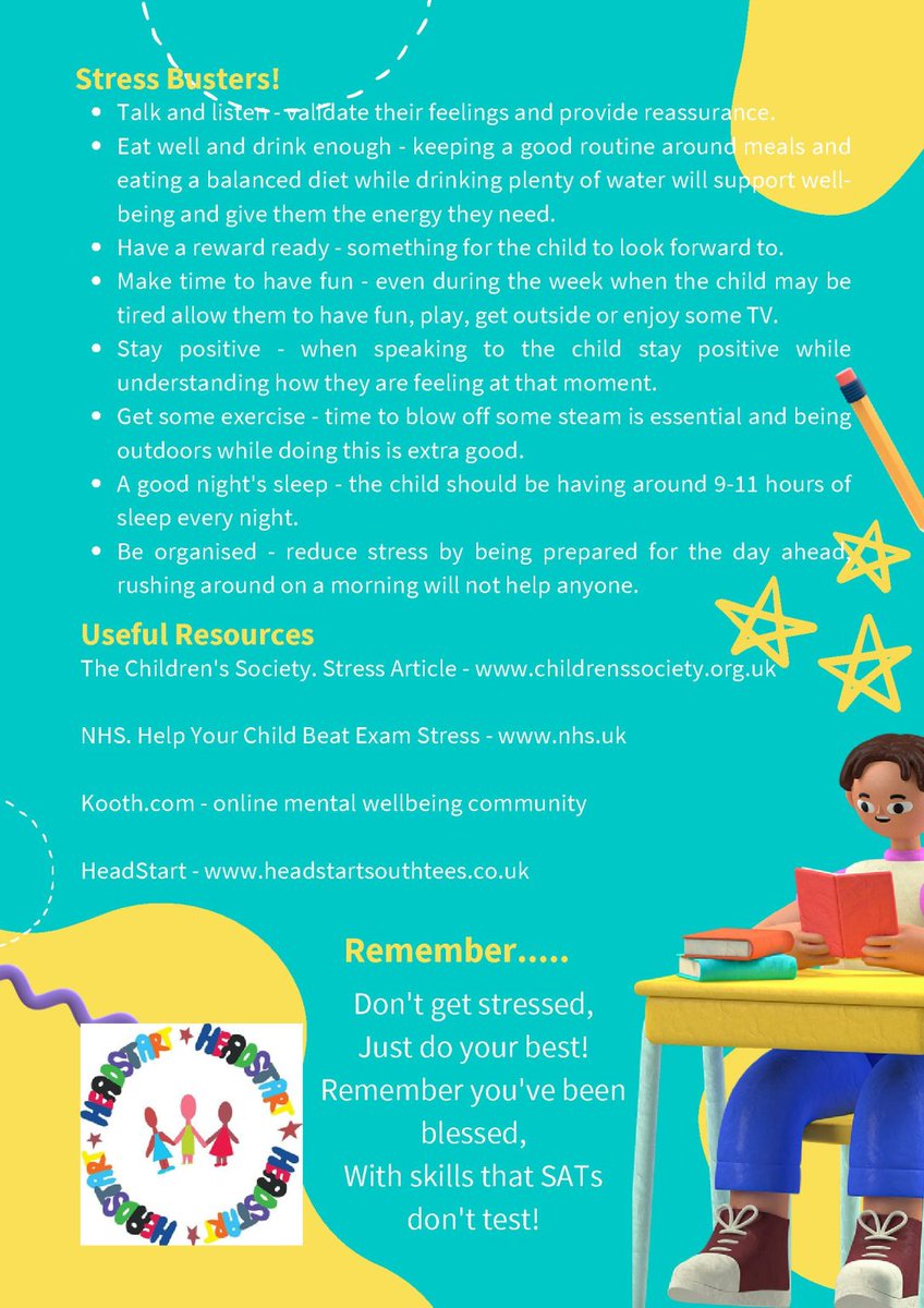 We often view SATS week as a very stressful time for children, schools and families. 

By taking action and supporting each other, you can make things a lot easier for your children and yourself 

headstartsouthtees.co.uk/3414-2/