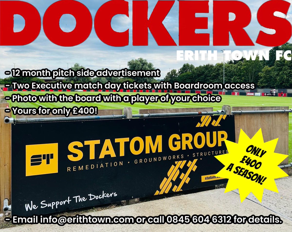 👀 | EYES ON YOUR BRAND

The new season is on its way, so what better way to advertise then with pitchside advertising?

For just £400, your brand will be seen at all league &amp; cup games at the <a href="/StanmoreLtd/">Stanmore Ltd</a> in 2025/26!

Email info@erithtown.com for details.

#UpTheDockers