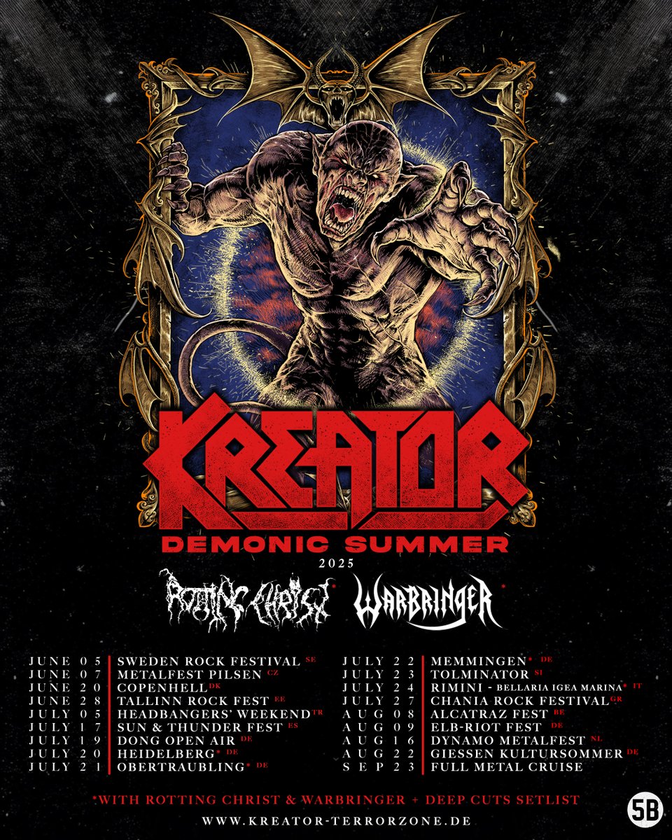 Hordes! Are you ready for a DEMONIC SUMMER?

Join us as we take on some of the biggest metal festivals in Europe, with our friends in Rotting Christ and Warbringer on select dates! 🔥

TOUR KICKS OFF IN JUNE - Get tickets now from Kreator-terrorzone.de