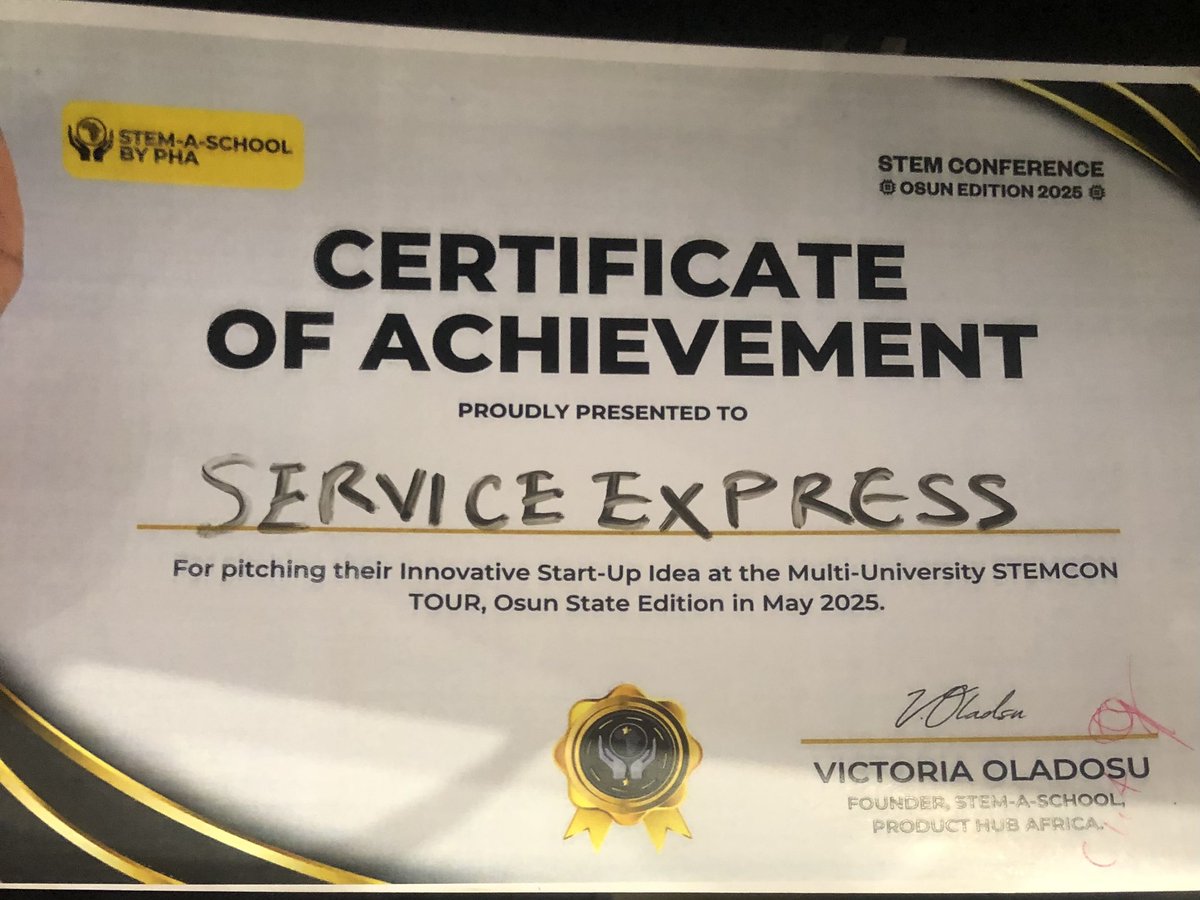 ServiceXpress_'s tweet photo. Turning ideas into impact!
ServiceXpress was recognized at the Multi-University STEMCON Tour, Osun State Edition 2025, for our innovative solution to everyday problems.
We’re building the future one connection at a time.
#ServiceXpress #STEMCON2025 #InnovationAward https://t.co/7gKXNqpRpr