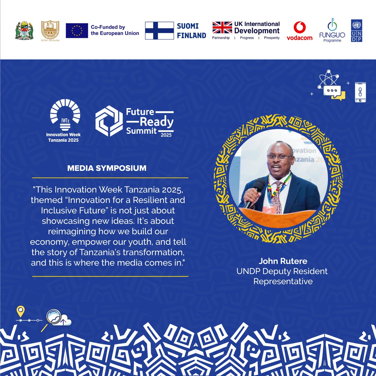John Rutere, Deputy Resident Representative at <a href="/undptz/">UNDP Tanzania</a>, delivers powerful opening remarks at the Media Symposium, happening now at #IWTZ2025!

#IWTz2025
#FRS2025
#InnovationweekTZ