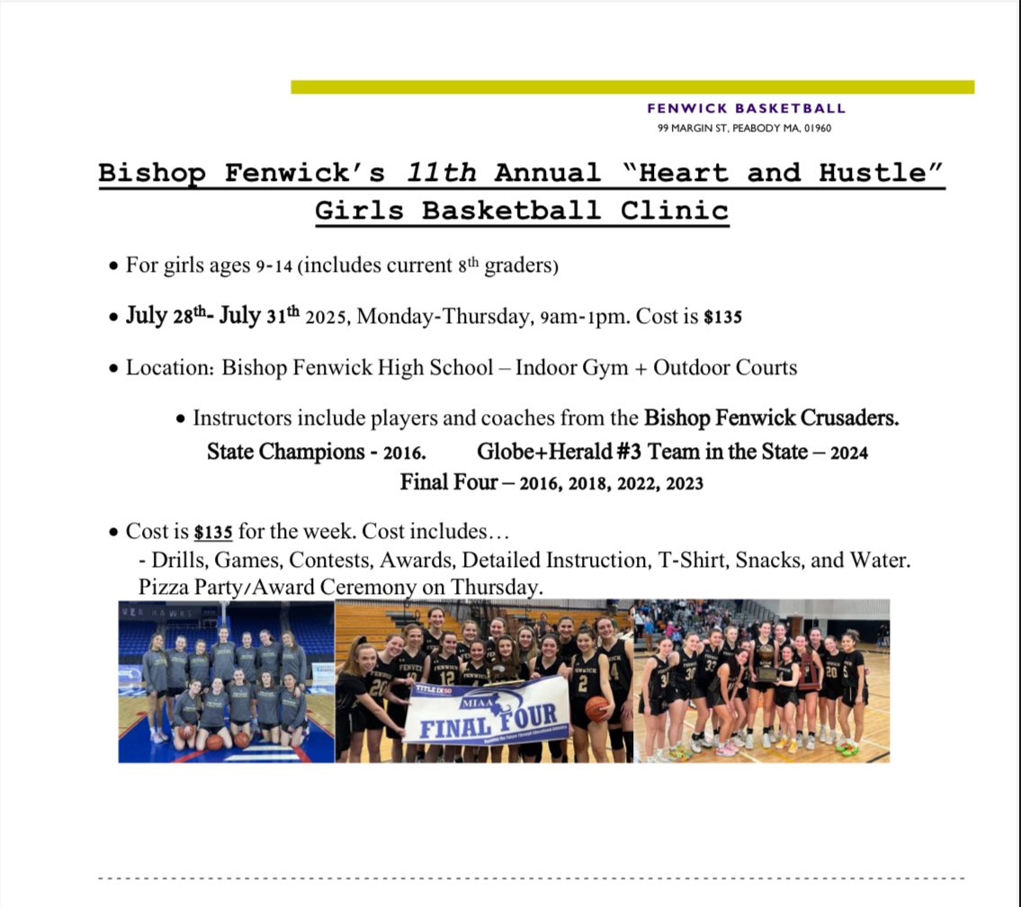 Bishop Fenwick’s 11th Annual Girls Basketball Camp is happening again this summer July 28-31st.
We take pride in teaching players finer points of the game, along with building leadership skills and confidence through hard work.
Message me if you have any questions 👍👍