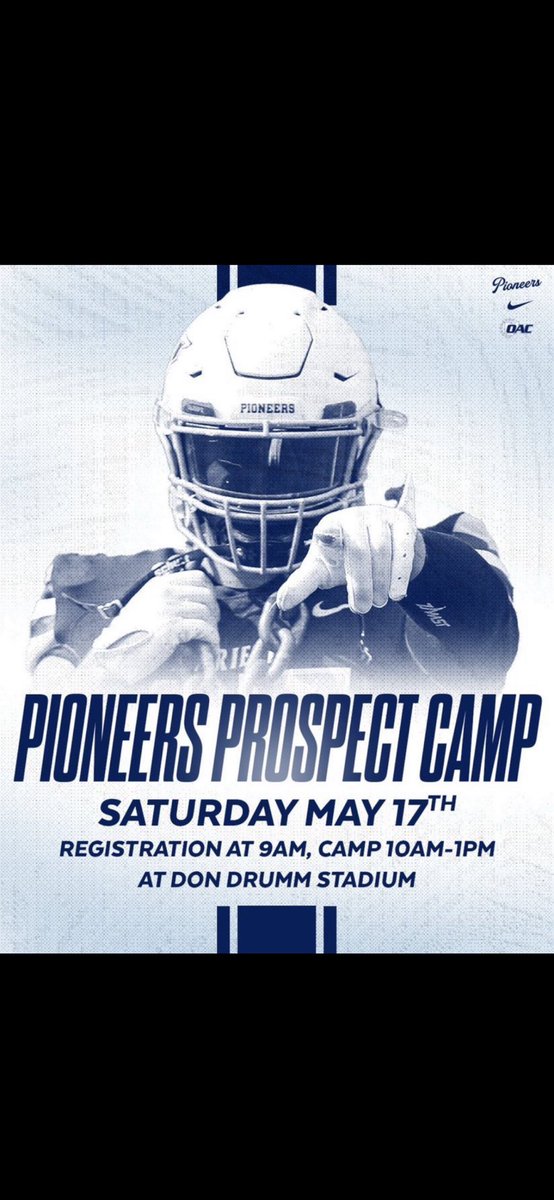 Saturday, May 17th 
Pioneers Prospect Camp
Don Dumm Stadium 

Get another chance to perform in front of college coaches, compete at a high level and set the tone for your szn in the fall 💯

secure.touchnet.com/C23012_ustores…