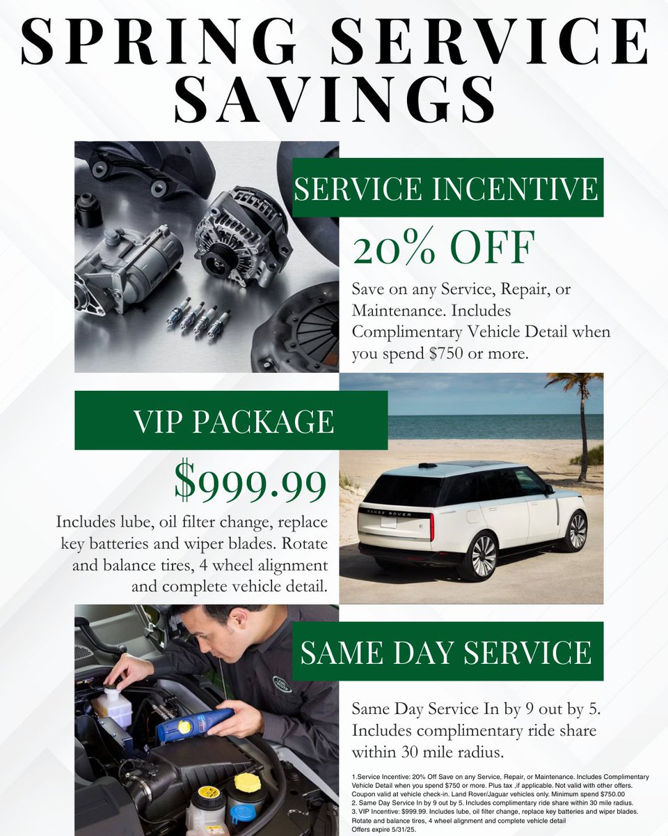 landroverchand's tweet image. Get your ride ready for the season.

Save big, ride smooth, and enjoy perks like complimentary detailing and ride share within 30 miles.

Book now and spring into savings—offer ends 5/31! #SpringService #AutoCare #DrivePrepared #LandRoverChandler #LandRover