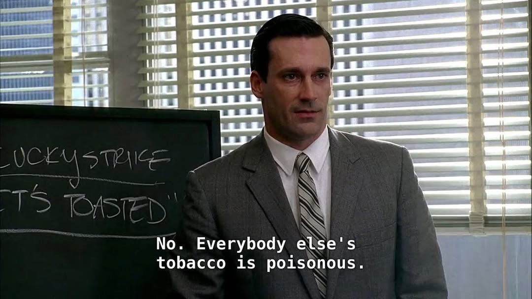 lucasleetyson's tweet image. A marketing angle that made the equivalent of $1 billion in the early 1920s (that you can model for yourself):
In the TV show Mad Men, Don Draper is trying to help Lucky Strike cigarettes stand out when they can’t make health claims anymore.
Every cigarette company basically…