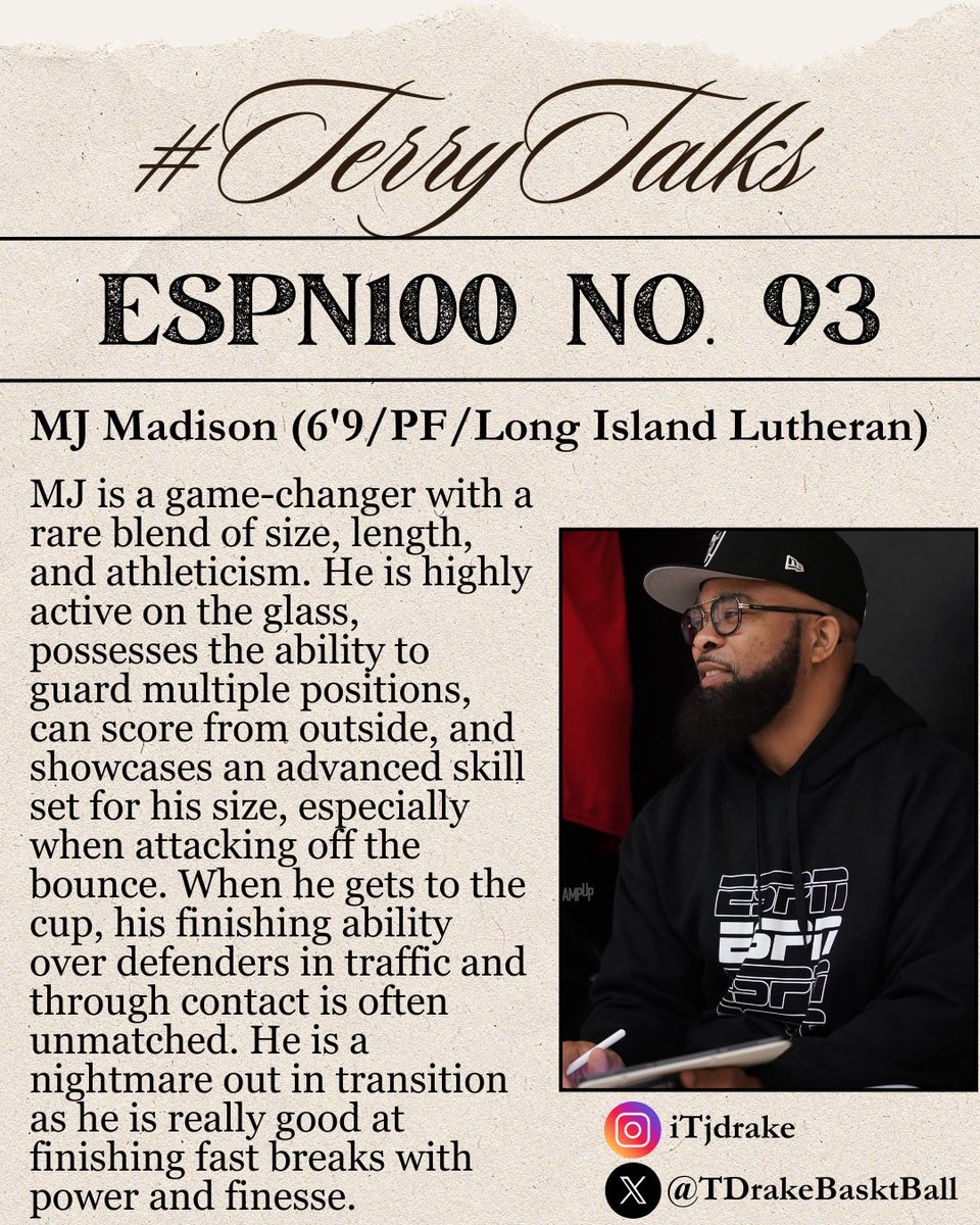 Terry Drake (@tdrakebasktball) on Twitter photo π¨ #TerryTalks π¨
Β
MJ Madison
ESPN100 No. 93
Β
ESPN Scouting Profile β‘οΈ insider.espn.com/college-sportsβ¦
Β
#PaulBiancardi #ESPN #ESPNRankings #SCNext <a href="/PaulBiancardi/">Paul Biancardi</a> <a href="/SCNext/">SportsCenter NEXT</a> <a href="/TheUCReport/">Billy Tucker</a> <a href="/MJMad1son/">MJ Madison</a> <a href="/LuHiBasketball/">LuHi Basketball</a> π¨ #TerryTalks π¨
Β
MJ Madison
ESPN100 No. 93
Β
ESPN Scouting Profile β‘οΈ insider.espn.com/college-sportsβ¦
Β
#PaulBiancardi #ESPN #ESPNRankings #SCNext <a href="/PaulBiancardi/">Paul Biancardi</a> <a href="/SCNext/">SportsCenter NEXT</a> <a href="/TheUCReport/">Billy Tucker</a> <a href="/MJMad1son/">MJ Madison</a> <a href="/LuHiBasketball/">LuHi Basketball</a>