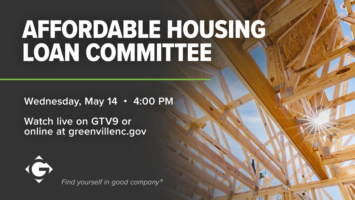 The Affordable Housing Loan Committee will meet today, Wednesday, May 14 at 4:00 PM.

Watch live on GTV9 or stream online at greenvillenc.gov.

For more information: greenvillenc.gov/government/cit…