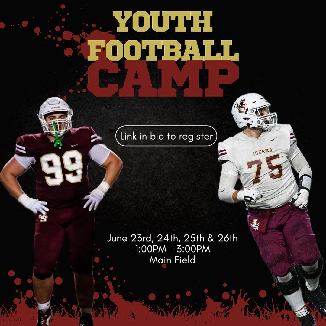 🚨 YOUTH FOOTBALL CAMP 🚨
June 23rd-26th 1:00PM-3:00PM - Main Field
The link is below for you to get signed up! 

jserra.org/parents-studen…

#BeALion #OneBloodFootball #NewEraJSerra