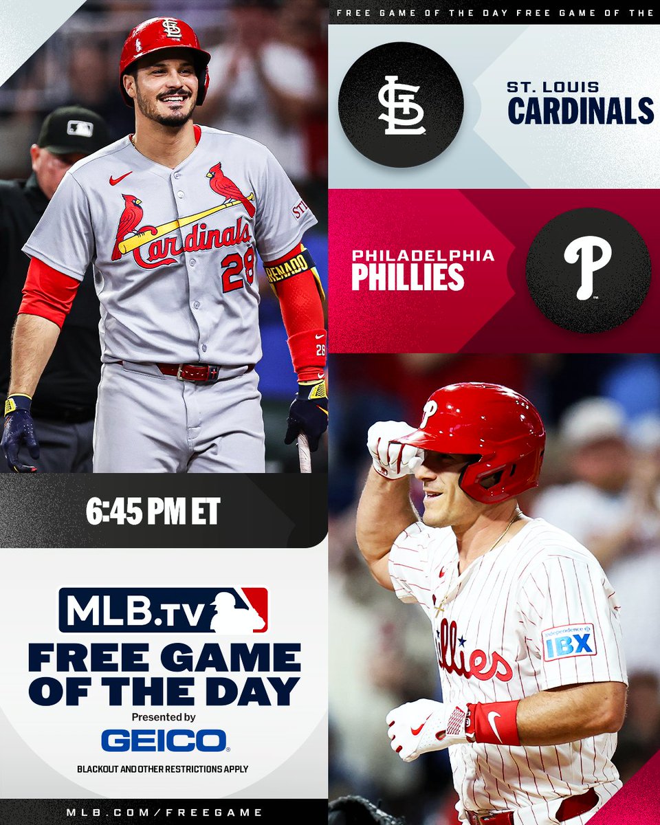 MLB.TV (@mlbtv) on Twitter photo Nolan Arenado and the <a href="/Cardinals/">St. Louis Cardinals</a> head to Philadelphia to face J.T. Realmuto and the <a href="/Phillies/">Philadelphia Phillies</a>.
Watch two surging teams for FREE at 6:45 PM ET on #MLBTV.
(MLB x GEICO) Nolan Arenado and the <a href="/Cardinals/">St. Louis Cardinals</a> head to Philadelphia to face J.T. Realmuto and the <a href="/Phillies/">Philadelphia Phillies</a>.
Watch two surging teams for FREE at 6:45 PM ET on #MLBTV.
(MLB x GEICO)