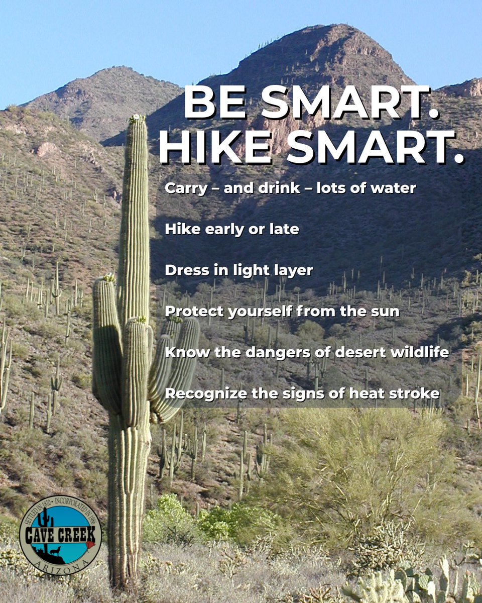 CaveCreek_AZ's tweet image. Don't become a story in the news or put our public safety in danger. BE SMART. HIKE SMART.
maricopa.gov/heat

#SpurCross #maricopacountyarks #hikesmart #daisymountanFD #mcso