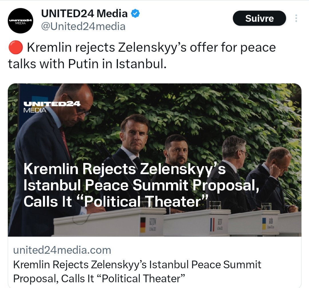 - Poutine propose des négociations directes avec Zelensky 
- Zelensky accepte.
- Poutine annonce qu'il ne viendra pas.
Voilà.
J'ai l'impression que Poulin, Philippot et Dupont Gnangnan vont moins en parler que d'un mouchoir sale sur une table.
Je me demande bien pourquoi.