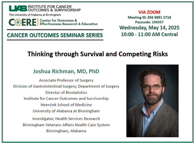 UABCOERE (@uabcoere) on Twitter photo 📢Join us and <a href="/UAB_ICOS/">UAB Institute for Cancer Outcomes and Survivorship</a> this Wednesday, May 14 for this month’s Cancer Outcomes Seminar Series, happening via Zoom!
👇 Details below!
#CancerResearch #HealthOutcomes #UAB #SeminarSeries 📢Join us and <a href="/UAB_ICOS/">UAB Institute for Cancer Outcomes and Survivorship</a> this Wednesday, May 14 for this month’s Cancer Outcomes Seminar Series, happening via Zoom!
👇 Details below!
#CancerResearch #HealthOutcomes #UAB #SeminarSeries