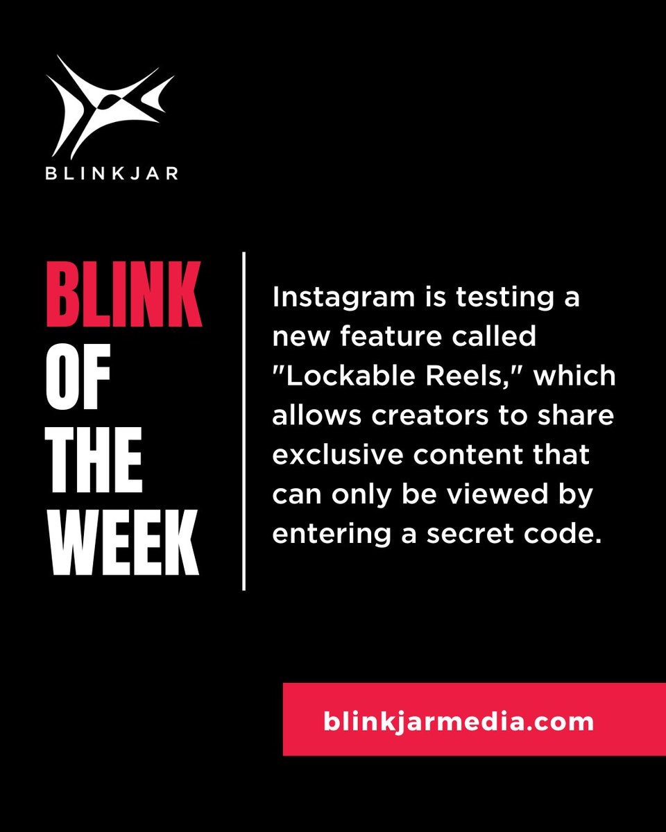 BlinkJarMedia's tweet image. While not yet broadly available, this feature presents a novel way for creators and brands to connect with their audiences by offering exclusive content and experiences.
#BlinkOfTheWeek #Instagram #GatedContent #Reels #SocialMedia
