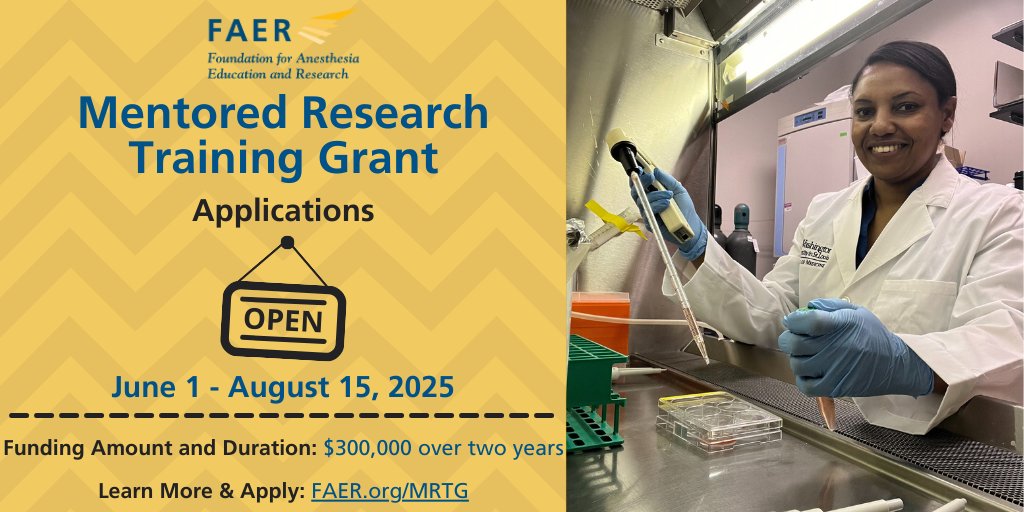 Applications for the Mentored Research Training Grant open 6/1 at FAER.org/MRTG!

FAER is introducing the following changes to the MRTG this cycle: funding increased from $250K to $300K; minimum protected time reduced from 75% to 60%

#Anesthesia #Research #FAERgrant