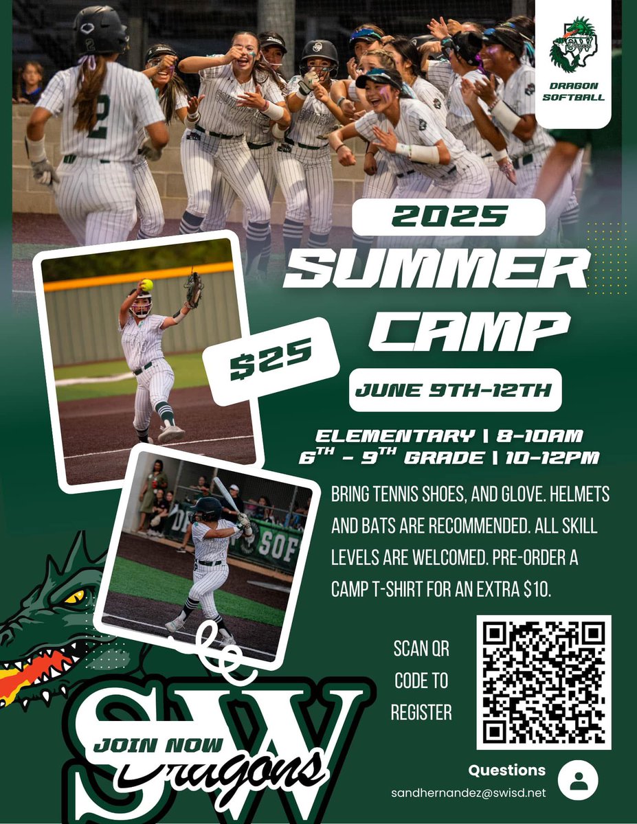 🚨Attention all future Dragon Softball Players 

Step 1:
💻Click the link below to register! The camp is only $25.

sites.google.com/swisd.net/drag…

Step 2:
‼️Don’t forget to pre-order your camp shirt, there will be a limited amount of shirts. They are $10 each. 

myschoolbucks.com/ver2/prdembd?r…