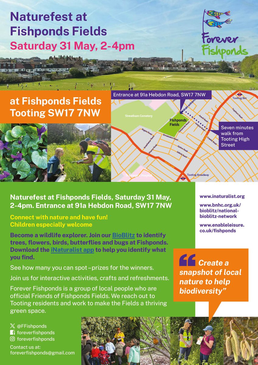 FFishponds's tweet image. Uncover the hidden wildlife secrets at Fishponds Fields on Sat 31 May 2-4pm. Wildlife walks, art activities and plenty of homemade cake (obviously) 🍰 🐞 🍃 🌺 #tooting #bioblitz #iNaturalist