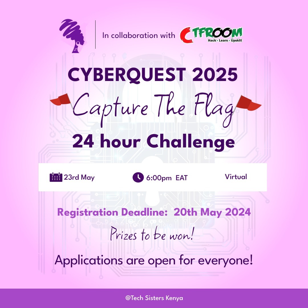 CTFRoom (@ctf_room) on Twitter photo For the ladies in the house, we are happy to announce our partnership with <a href="/TechSistersKE/">TechSistersKenya</a> to bring you a CTF focused on ladies in tech.
Registration will be open tomorrow.
Tell-a-friend-to-tell-a-friend!
app.ctfroom.com/event/cyberque… For the ladies in the house, we are happy to announce our partnership with <a href="/TechSistersKE/">TechSistersKenya</a> to bring you a CTF focused on ladies in tech.
Registration will be open tomorrow.
Tell-a-friend-to-tell-a-friend!
app.ctfroom.com/event/cyberque…