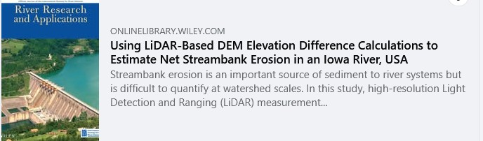 The IGS, led by Calvin Woler and State Geologist Keith Schilling, published in River Research and Applications describing the use of LiDAR digital elevation models to estimate net streambank erosion in Old Mans Creek. Read  at the open access link: onlinelibrary.wiley.com/doi/10.1002/rr…