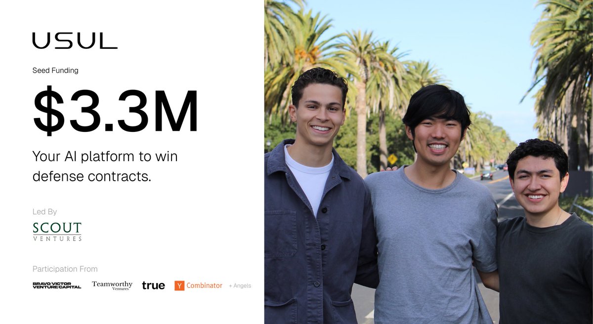 Congrats to the Usul team on their $3.3M seed! Usul  (https://t.co/Cyp5TNcsCH) helps defense companies win government contracts.  Their customers have won hundreds of millions in defense contracts for  capabilities across Air, Land,