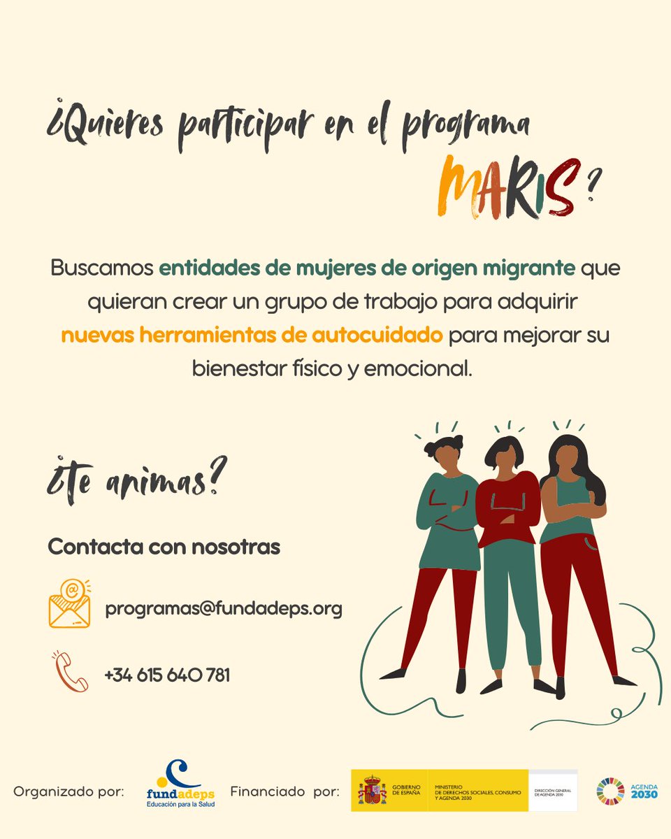 Fundación de Educación para la Salud (@fundadeps) on Twitter photo 💜 MARIS: Mujeres Activas en Redes Interculturales de Salud 💜
Buscamos visibilizar buenas prácticas de autocuidado entre mujeres migrantes a través de grupos de trabajo interculturales.
📧 programas@fundadeps.org
📱 615 640 781
🌐 fundadeps.org/programas/maris
#MARIS 💜 MARIS: Mujeres Activas en Redes Interculturales de Salud 💜
Buscamos visibilizar buenas prácticas de autocuidado entre mujeres migrantes a través de grupos de trabajo interculturales.
📧 programas@fundadeps.org
📱 615 640 781
🌐 fundadeps.org/programas/maris
#MARIS