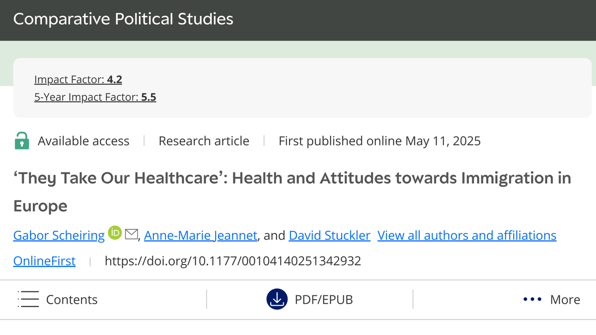 gscheiring's tweet image. Thrilled to see our new paper out now in @cps_journal: ‘They Take Our Healthcare’: Health and Attitudes towards Immigration in Europe
👉Check it out: journals.sagepub.com/eprint/F6UHJUQ…
Why are people in poor health more hostile toward immigrants? Our study pushes the debate beyond income or…