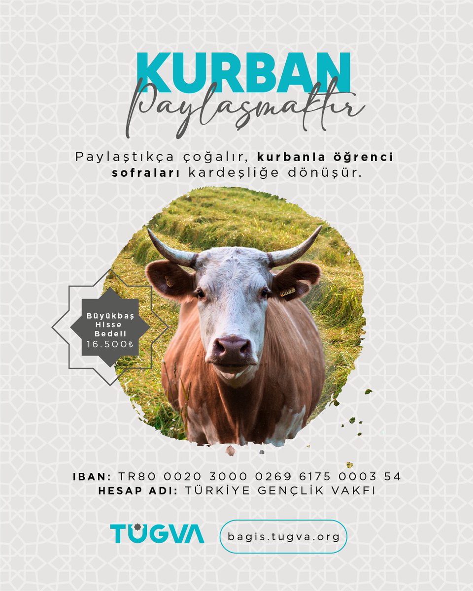 🎁 "Bir kurban, bin tebessüm!"

Bağışladığınız her kurban, genç kardeşlerimizin sofrasına umut, gönüllerine bayram olur. 🌙

📲bagis.tugva.org/bagis

📌 Hesap Adı: Türkiye Gençlik Vakfı
IBAN: TR80 0020 3000 0269 6175 0003 54

#KurbanBağışı #KurbanBayramı