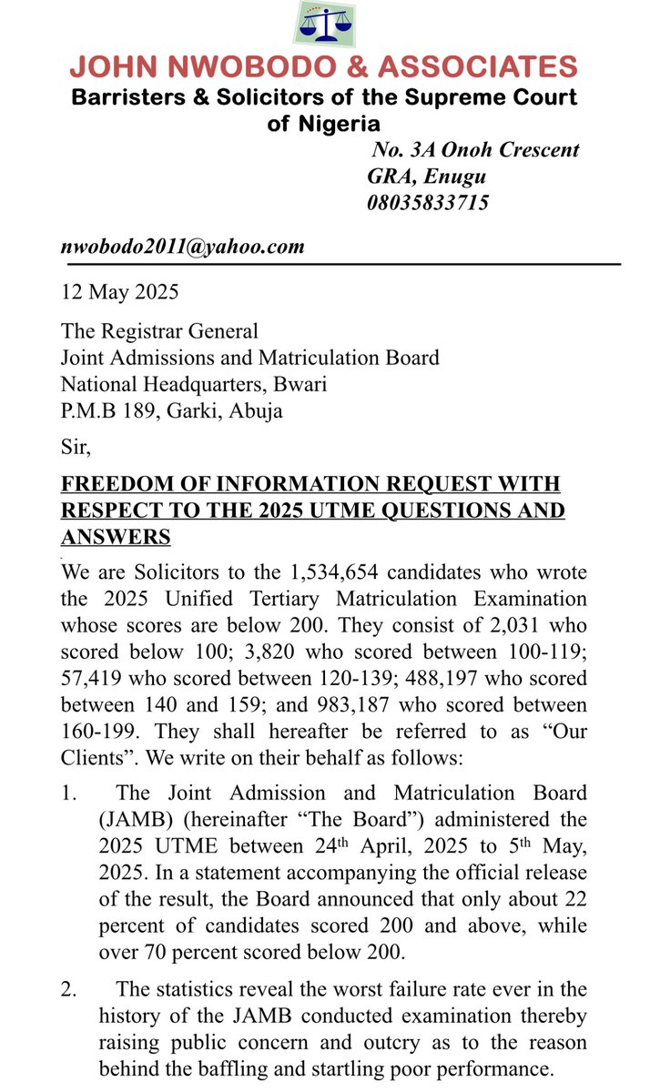 winexviv's tweet image. We have taken our first legal step towards JAMB using the Freedom of Information Act.

We need the mark-sheet of all students released to them for review and also review all the glitches earlier raised especially on 24th, 25th, 26 and 28th of April.

JAMB has 7 days to respond to…