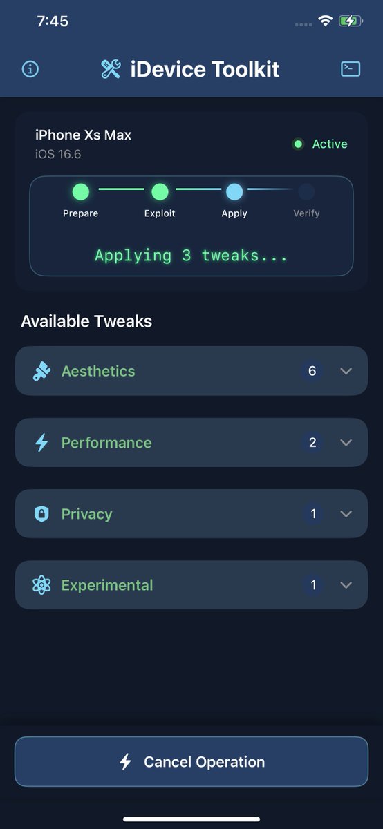 FCE365's tweet photo. iDevice Toolkit is coming later today. A tweaking app for iOS 16.0 - 18.3.2 that I made based on the newly released CVE-2025-24203 Exploit by Ian Beer of Google Project Zero.

You can find my Swift port of the exploit here: https://t.co/GUyN0aySsc