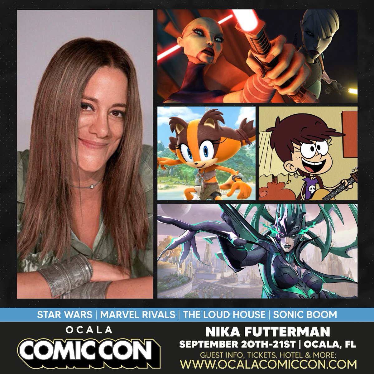 Nika Futterman will be a guest at the September 20-21, 2025 Ocala Comic Con in Ocala, Florida!

Known for her roles as Asajj Ventress on #StarWars, Hela on #MarvelRivals, Luna on #TheLoudHouse, Sticks on #SonicBoom, and so much more!

INFO: ocalacomiccon.com