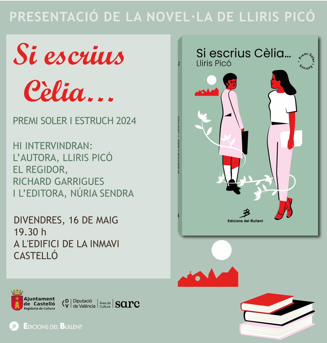 "Si escrius Cèlia…", de <a href="/Llirispicocf/">Lliris Picó CF</a> a #Castelló, el poble que va premiar amb el Soler i Estruch, motivant-ne la publicació.  📆divendres 16/05 
⌚ 19:30h
  📌a l'edifici de la Inmavi. 
👥 Lliris Picó, el regidor <a href="/CastelloAjunt/">Ajuntament de Castelló</a>  Richard Garrigues i l'editora <a href="/NriaSendra/">Núria Sendra</a>