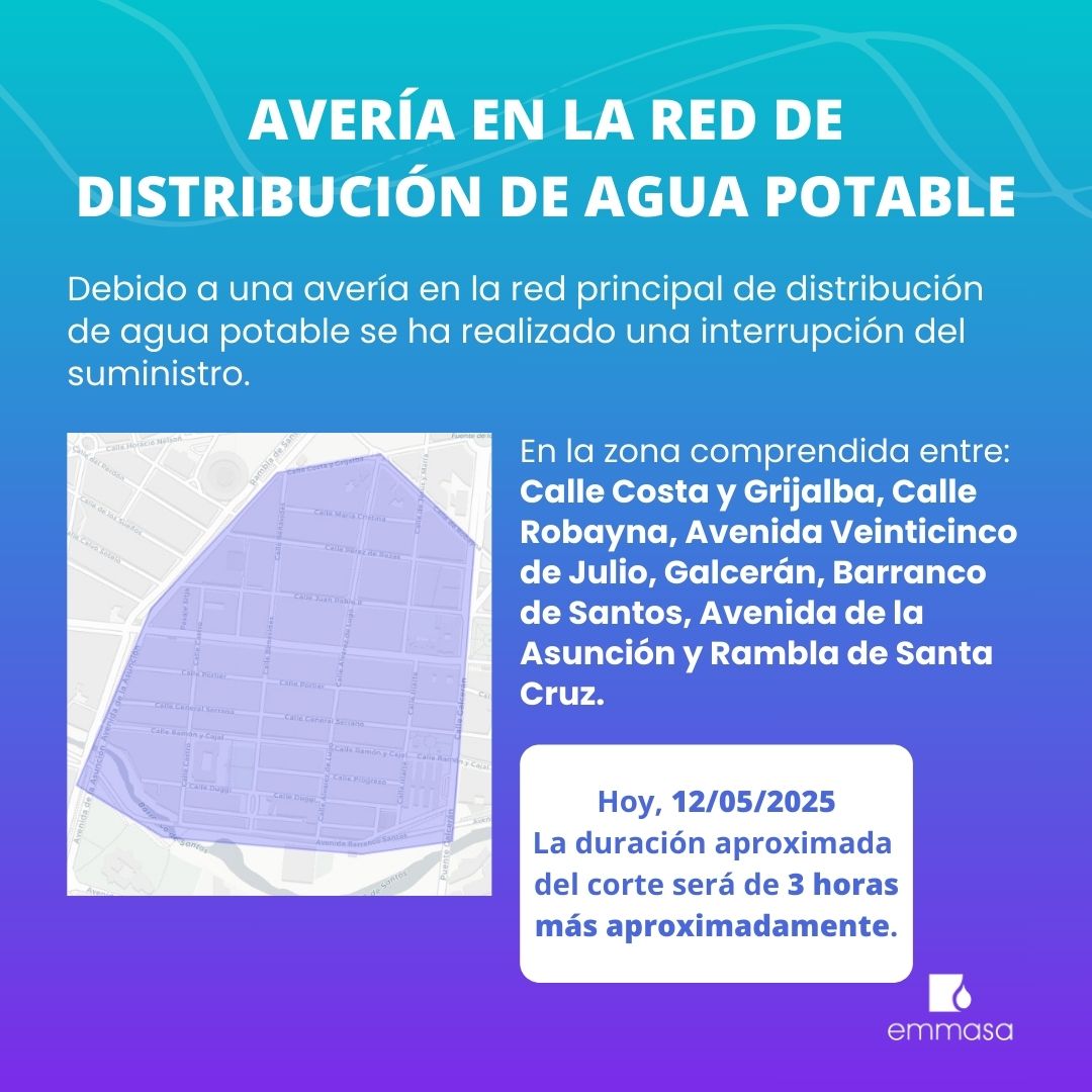 En relación a la avería en la red principal de distribución de agua en la calle Juan Pablo II, hoy 12/05/2025, por la que nos hemos visto obligados a interrumpir el suministro, indicarles que se ha ampliado la zona afectada, siendo la misma la comprendida entre las calles: Calle