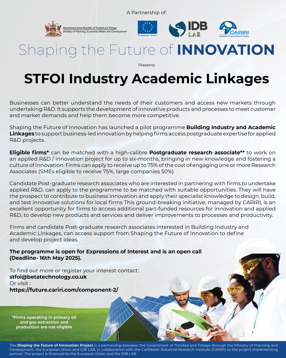 Ready to boost your innovation with fresh talent?

Through the Building Industry and Academic Linkages programme, companies can team up with skilled post-graduate Research Associates for up to 6 months — and get up to 75% funding!

Visit: future.cariri.com/component-2/