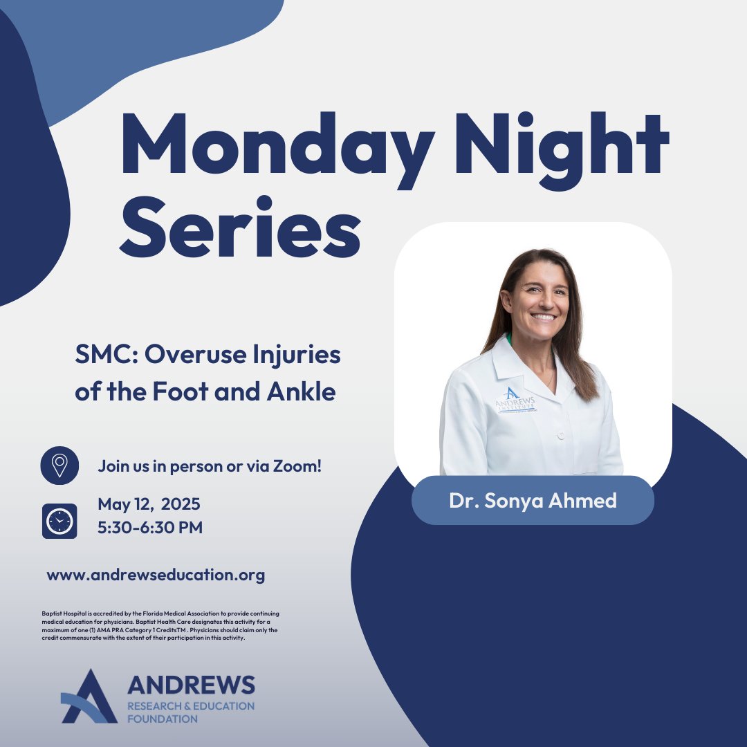Join us for tonight's SMC with Dr. Sonya Ahmed as she discusses overuse injuries to the foot and ankle!

Don’t miss out—register now at andrewseducation.org!

#AREF #MondayNightSeries #SportsMedicine