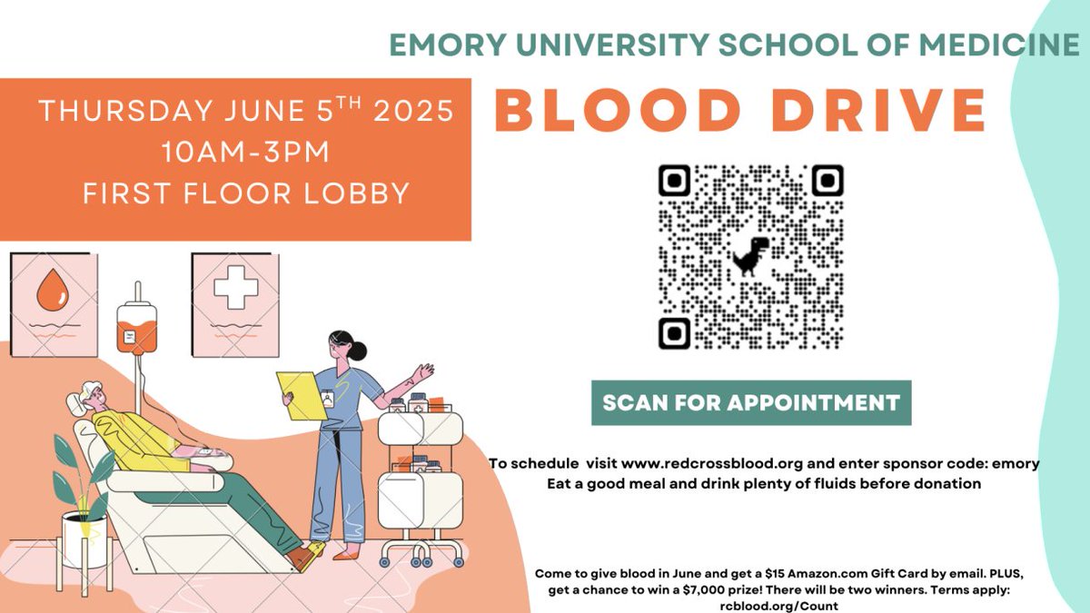 Woodruff Health Sciences Center Library (@emoryhealthlibr) on Twitter photo The <a href="/EmoryMedicine/">Emory School of Medicine</a> is having a blood drive. Sign up to donate blood! See flyer below.
<a href="/emorycollege/">Emory College</a> <a href="/EmoryUniversity/">Emory University</a> <a href="/EmoryLibraries/">Emory Libraries</a> <a href="/emorydpt/">Emory DPT</a> <a href="/emoryhealthsci/">Emory Health</a> <a href="/emoryhealthcare/">Emory Healthcare</a> The <a href="/EmoryMedicine/">Emory School of Medicine</a> is having a blood drive. Sign up to donate blood! See flyer below.
<a href="/emorycollege/">Emory College</a> <a href="/EmoryUniversity/">Emory University</a> <a href="/EmoryLibraries/">Emory Libraries</a> <a href="/emorydpt/">Emory DPT</a> <a href="/emoryhealthsci/">Emory Health</a> <a href="/emoryhealthcare/">Emory Healthcare</a>