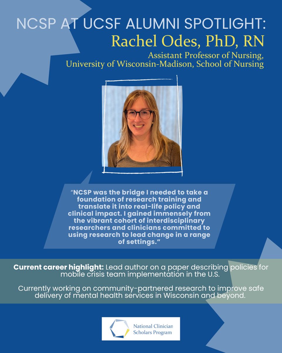 National CSP (@nationalcsp) on Twitter photo We are pleased to spotlight <a href="/NCSP_UCSF/">NCSP at UCSF</a> alumna, Rachel Odes, PhD, RN. Thank you for sharing about how NCSP played an instrumental role shaping your career. #ApplyNCSP
@NCSP_DUKE, <a href="/NCSP_UCLA/">NCSP at UCLA</a>, <a href="/ncspMICHIGAN/">Natāl Clinician Scholars Program at U-M IHPI</a>, @NCSP_PENN, @NCSP_YALE We are pleased to spotlight <a href="/NCSP_UCSF/">NCSP at UCSF</a> alumna, Rachel Odes, PhD, RN. Thank you for sharing about how NCSP played an instrumental role shaping your career. #ApplyNCSP
@NCSP_DUKE, <a href="/NCSP_UCLA/">NCSP at UCLA</a>, <a href="/ncspMICHIGAN/">Natāl Clinician Scholars Program at U-M IHPI</a>, @NCSP_PENN, @NCSP_YALE