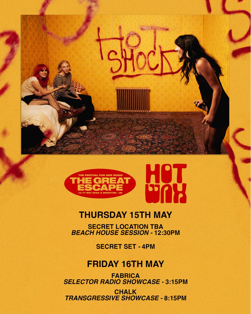 HotWax (@hotwaxbandd) on Twitter photo Very happy to be back in Brighton this week for <a href="/thegreatescape/">The Great Escape</a> playing shows over Thursday and Friday including a secret set!! See you soon xxx Very happy to be back in Brighton this week for <a href="/thegreatescape/">The Great Escape</a> playing shows over Thursday and Friday including a secret set!! See you soon xxx